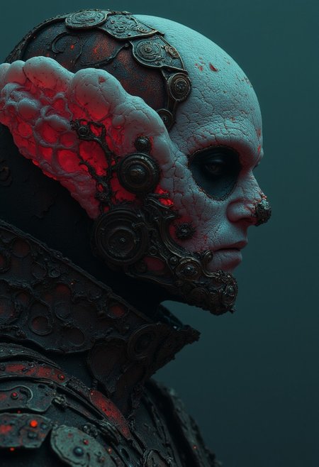 vivid colors, Photorealistic, extremem Closeup of an organic translucent fungus/reptilian creature, charming but dangerous, flat color two toned in bleaked translucent turquoise-black-pink and Grey, resembling a mushroom syberian masked intricate designed haitian Warrior in Relief high collar metal armor, cinematic lighting, insane details, hyperrealistic extreme closeup macro photography, 64 megapixel DSLR