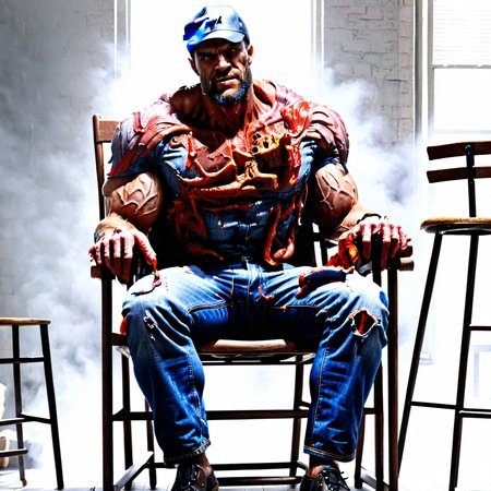 raw photo,cinematic shot,photorealistic,solo,a fleshmutant gigachad wearing blue jeans sits on a chair smugly,<lora:Fleshmutant_R2-000003:1.2>