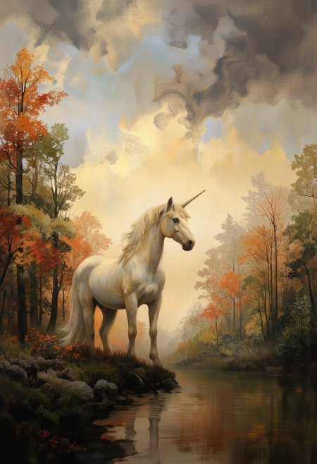 An ethereal unicorn standing at the edge of a misty forest clearing, the golden hour light bathing its silken mane in a warm, glowing hue. The sky swirls with vibrant, impressionistic brushstrokes, merging with the realistic textures of the creature's coat. The scene feels like a moment caught between reality and dream, like a mystical wildlife documentary shot by National Geographic.