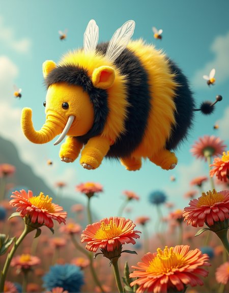 A whimsical scene featuring a yellow and black striped fluffy mammoth gracefully hovering above bizarre flowers. The mammoth's large, soft body is adorned with vibrant yellow and deep black fur, resembling a fluffy cloud. Delicate bee-like wings flutter on its back, catching the light as it flits through the air. The strange flowers below are an explosion of color and unusual shapes, their petals curling and twisting in unexpected directions. The overall atmosphere is playful and enchanting, with a sense of wonder as the mammoth glides effortlessly above the vibrant landscape.