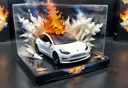 Hot Wheels toy car company have made a toy car version of a Tesla Model 3, The toy telsa model 3 car comes in a mini display unit/box. The car is exploding into fire and flames, white smoke fills the top of the display box, (realistic explosion from car), (realistic Flames bellow from the car windows inside the display unit),  (standing next to the car is a little palstic toy man, he holds both arms in the air,