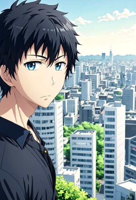 high resolution, solo, best quality, 1Boy, Arata Kaizaki, Black Hair, Blue Eyes, high-rise, top of building, landscape, shallow depth of field, OverallDetail
