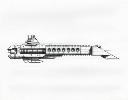 pencil sketch,side view,profile view,simple background,an impstarship cruiser,  <lora:Imperial_Navy_-_Warhammer_40000_SDXL:0.75>,blocky,rectangular,metal honeycomb,monochrome,tall,solo