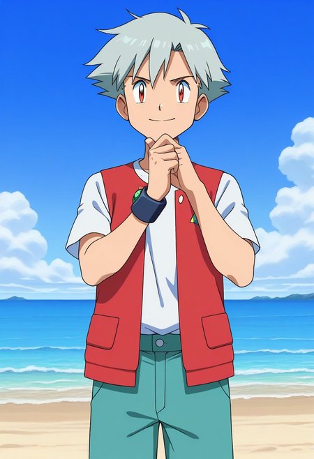 pokemon \(classic anime\), anime screencap, 
best quality, masterpiece, amazing quality, very aesthetic, absurdres, 
cowboy shot, 1boy, solo, grey hair, red eyes, short hair, hand on chin, red vest, white shirt, wristbands, looking at viewer, smile, outdoors, sky, beach, sea, clouds