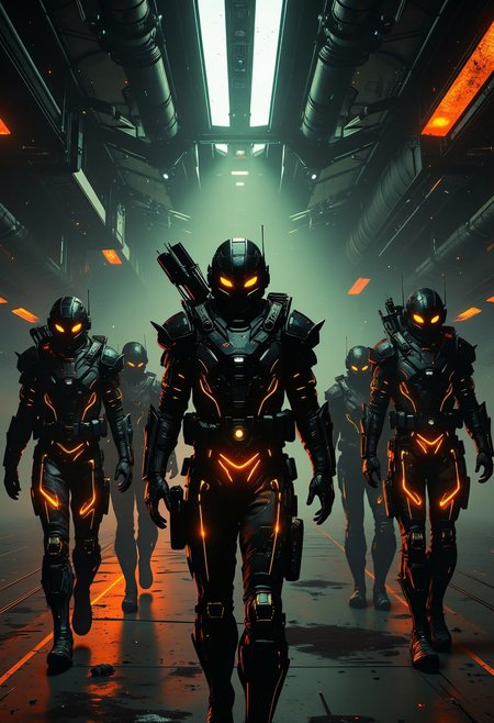 Group of futuristic space slodiers, black armor with glowing orange pulsating lights stands disembarking from futuristic spaceship. Sci fi large hall experimental facility filled with neon light and futuristic vehicles. Some of them without helmets. They hold plasma rifles with intricate, neon-lined designs.