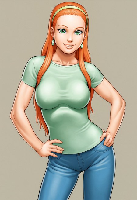 1girl, solo, long hair, breasts, looking at viewer, smile, large breasts, shirt, jewelry, medium breasts, green eyes, hairband, earrings, pants, orange hair, lips, hand on hip, agambedotti-dh  <lora:Artist_Style_-_Atilio_Gambedotti_PDXL:0.8> <lora:add-detail-xl:0.5>