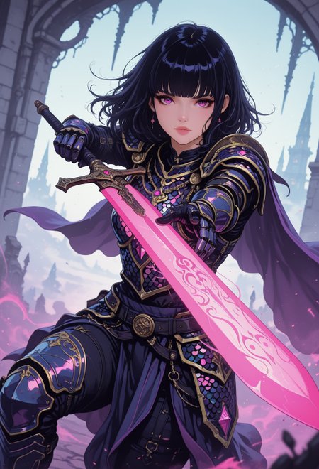 <lora:ck-nc-cyberpunk-IL-000011:0.35>,  masterpiece, best quality, good quality, very aesthetic, absurdres, newest, 8K, depth of field, focused subject, dynamic angle, action shot, cholographic shimmer intricate armor, whimsical ghostly woman hkbeauty looking at the viewer while aiming with a otherworldly glowing sword, manga, fantasy, inksketch, auraflow, 
in the style of cknc, in the style of ck-rw
<lora:MoriiMee_Gothic_Niji_Style_Illustrious_r1:0.5>
<lora:ck-neon-retrowave-IL:0.55>
<lora:ck-shadow-circuit-IL:0.65>