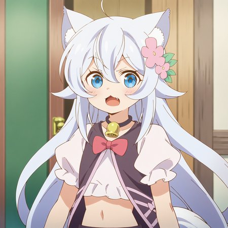 noelabase, long hair, blue eyes, hair ornament, bow, very long hair, blue hair, tail, flower, ahoge, short sleeves, fang, midriff, puffy sleeves, hair flower, puffy short sleeves, bell, wolf ears, jingle bell, wolf tail, neck bell, wolf girl, <lora:Doom PonyXL Noela:1>, looking at viewer, score_9, score_8_up, score_7_up, score_6_up, score_5_up, score_4_up , anime coloring ,BREAK source_anime, anime,
upper body
