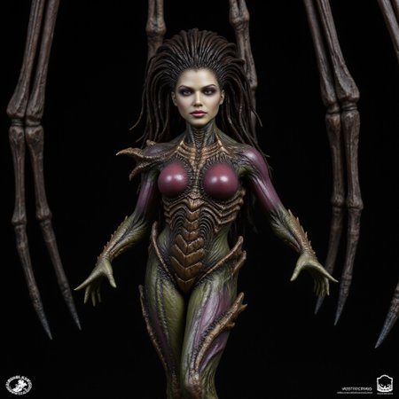 aidmafluxpro1.1, aidmarealisticskin, The image is a photograph of a female humanoid alien figure, likely a movie poster. The creature has an elongated, humanoid body with a female, muscular, athletic build. Its skin is a blend of dark green and reddish tones, with a scaly, textured surface that suggests a reptilian or insectoid origin. The creature's face is striking, with sharp, angular features, glowing yellow eyes, and a mouth filled with sharp teeth.