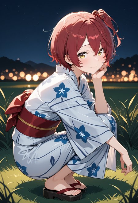 aakomari, short hair, red hair, one side up, hair bobbles, <lora:komari_chika_ilxl_v1:0.9>, solo, night, grass, squatting, yukata, japanese clothes, floral print, from side, smile, looking at viewer, sandals,
ultra-detailed, masterpiece, newest, best quality