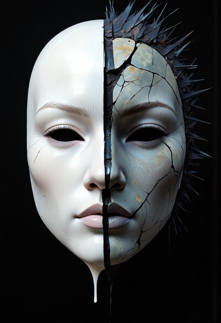 Abstract Emotion Mask: A mask that changes its expression and texture based on the emotions of the person wearing it. When viewed, it shifts between smooth porcelain, cracked stone, and flowing liquid.
, ppstorybook, aidmamj6.1, aidmaillustrious