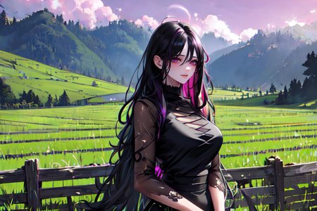 (otherworldly), highly insanely detailed, masterpiece, top quality, best quality, highres, 4k, 8k, RAW photo, (very aesthetic, beautiful and aesthetic), farm, fields, barn, fence, fantfa, <lora:FantasyFarm-10:0.5>, 
1girl, 
(black hair ,streaked hair,colored inner hair), 
(pure magenta background,transparent background),âââ