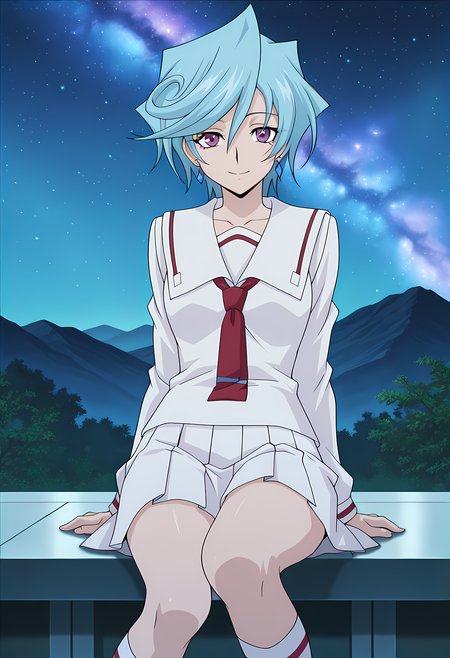masterpiece,best quality,amazing quality,

1girl, solo,

Suiko Tatsunagi (Cardfight Vanguard), short hair, blue hair, purple eyes, collarbone, earrings, jewelry, school uniform, serafuku, white sailor collar, necktie, long sleeves, pleated skirt, socks, mary janes,

looking at viewer, smile, 

cinematic, 

Sit, leaning back, with two arms,

bloom, night, at mountain, greenery, galaxy sky, 

Official style, anime screencap, anime coloring, 
















