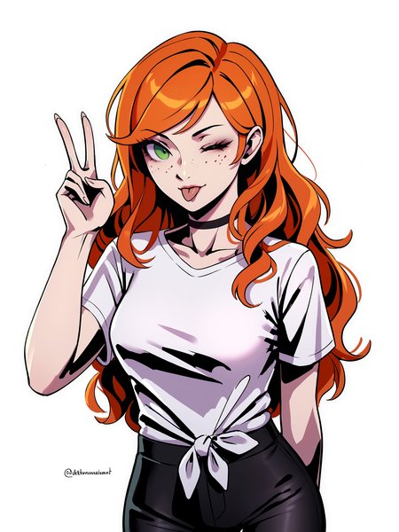 score_9, score_8_up, score_7_up, score_6_up, score_5_up, score_4_up,
BREAK
1girl, orange hair, wink, tongue out, green eyes, long hair, wavy hair, freckles, swept bangs,
BREAK
solo, medium breasts, white t-shirt, tied shirt, black yoga pants, black choker, thigh gap, skinny, peace sign, arm behind back, arched back,
BREAK
(white background:1.2), simple background, dynamic pose, dynamic angle, angled shot, <lora:Lunas-Datcravat-SDXL-A1:1>
