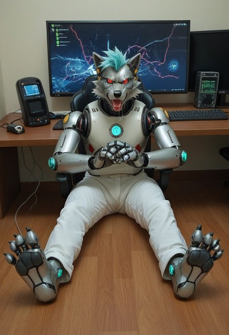 (((Barefoot furry character, full body, cinematic setting, furry male, plantigrade))), (((computer screens with green code, monitors with matrix code, displays with matrix design))), matrix.
(((Gilliam))), wolf boy, (((white pajama))), ((wired on his head, being hacked, being corrupted, being reprogrammed, brainwashed, hypnotised)), sitting, spread legs, m pose, footpose, nice metalic feet paws, ((nice robotic feet paws)),  three toes, claws, pawpad, (((restrained))), (((head tilted to the side, open mouth, dumb face, drooling)))
BREAK
(((gilliam wolf, evil eye, sharp, red fluff tail, cyan hair, robot, cybernetic wolf, metallic))), 
BREAK, intricate details, highly detailed, extreme detail, octane render, fine art, best quality, highres, (detailed face:1.5), ((full_body)), UHD, (((perfect hands))), low light