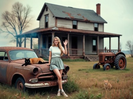 breathtaking a woman standing next to a car in a field with a house in the background and a cat on the hood, Annie Leibovitz, promotional image, a detailed matte painting, art photography <lora:Flux-style-xl-lora:.5> <lora:add-detail-xl:.5> . award-winning, professional, highly detailed