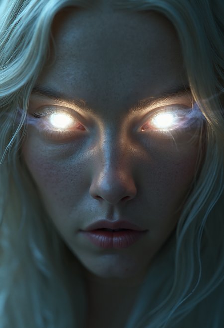 cinematic film still close up of a face, Envision a hyper-realistic image of an enigmatic female elven light mage, supremely powerful, clear beautiful porcelain skin, unblemished skin,  ,  her eyes twin white supernovae, White flames consumed her irises, . she is a living conduit of magic   Her long flowing hair blonde as dawn . the winds of magic form behind her, expression of pure rage
. shallow depth of field, vignette, highly detailed, high budget, bokeh, cinemascope, moody, epic, gorgeous, film grain, grainy