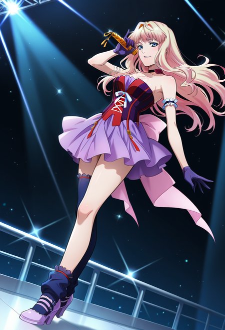 concert, stage, 
BREAK,
light smile, looking at viewer, parted lips, 
full body, dynamic angle,
BREAK,
<lora:sherylX_illustriousXL_v01:0.99>
sheryl nome, sherylidol, blonde hair, gradient hair, blue eyes,
bare shoulders, sleeveless, purple gloves, purple skirt, flower choker, corset, corset top, purple high-low dress, 
one thighhigh, asymmetrical legwear, ribbon tail, armband,
purple footwear, purple shoes,
holding microphone,, source_anime, very aesthetic, anime coloring, masterpiece, 
best quality, amazing quality, ultra detailed, very aesthetic, 
detailed background, 
BREAK,