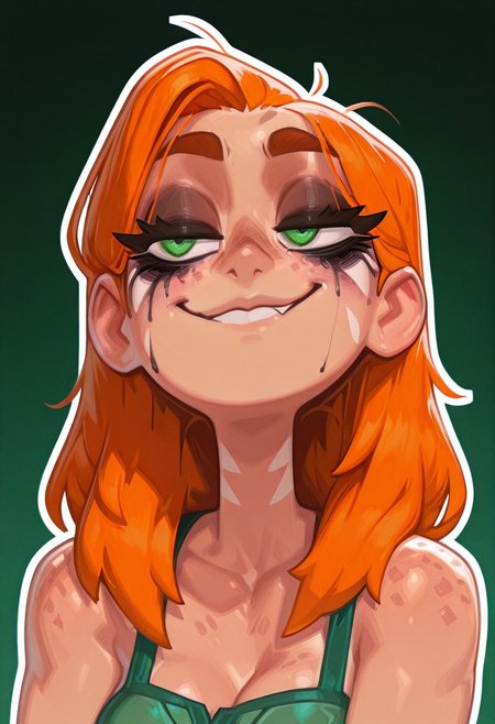 masterpiece, best quality, newest, absurdres, highres, pixelsketcher, portrait,  
1girl, thick eyelashes, detailed eyes,small breasts, ,runny makeup, runny mascara,smug
simple background, outline,Windranger, ginger hair, green eyes, medium breasts,   white facial mark, freckles, long hair, messy hair,