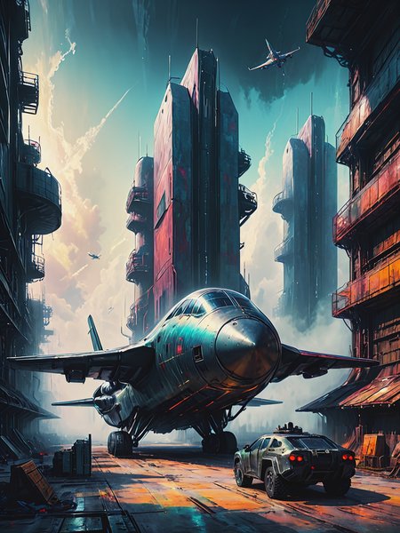 impactful color paint of (futuristic:1.5) a huge military factory made of steel, glass, fog, sun, in the clouds, , futuristic military planes, moody tones, old book style ink cover illustration, on parchment    <lora:Bold_Pop:0.65>  highly detailed, vibrant colors , 8k, sharp, professional, clear, high contrast, high saturated, , vivid deep blacks, crystal clear