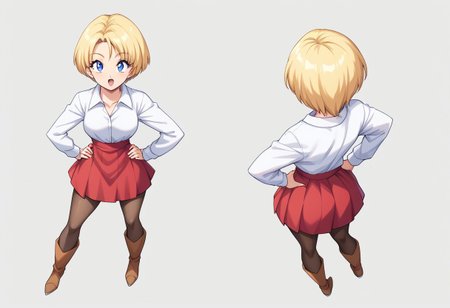 soulr, ((perfect anatomy)), detailed, perfection, bold lines, sharp eyes, solo, angle, score_9, score_8_up, score_7_up, detailed, perfection, bold lines, sharp eyes, 1girl, solo, blonde hair, pantyhose, blue eyes, full body, boots, short hair, open mouth, looking back, hands on hips, long sleeves, looking at viewer, from behind, standing, skirt, shirt, brown footwear