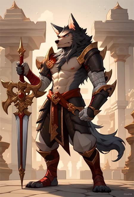 score_9, score_8_up, score_7_up, 8k, detailed design, detailed background, detailed characters, masterpiece, anthro only, furry only, solo, 1boy,  <lora:Tydus-000001>, tidus (afk), 1boy, grey fur, animal ears, blue eyes, wolf boy, full body, armor, looking at viewer, topless, white pants, brown skirt, red bandages,