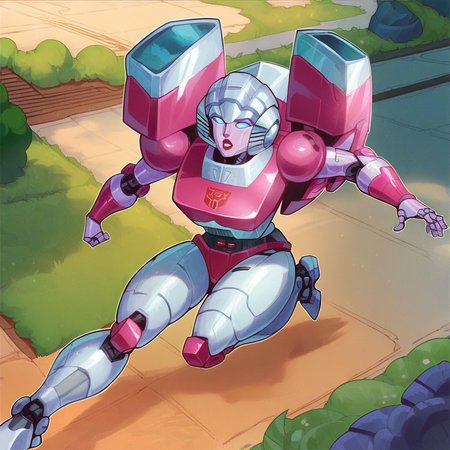 score_9, score_8_up, score_7_up, score_6_up, score_5_up, score_4_up, a girl in a science fiction metal land, 1girl,  <lora:ArceeG1_XL:1> arcee, 1girl, transformers, robot, running, autobot