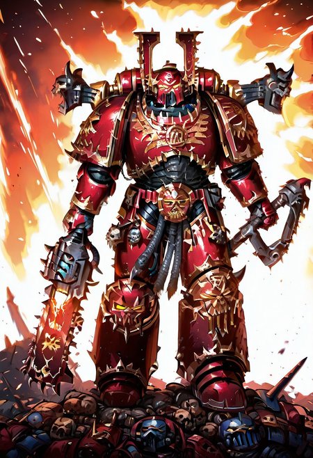 Score_9_up, absurdres, Source: GamesWorkshop, best quality, expressive eyes, perfect face, space marine, World Eaters Traitor Astartes Chapter Exalted Eightbound Berserker holding a chainsword, red armor, spiked horned astartes helmet, full body, volumetric lighting project unreal engine, mantisdetailerse, <lora:warhammerAdeptus_v1:0.7>,