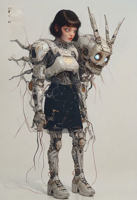 score_9,score_8_up,score_7_up,score_6_up,score_5_up,score_4_up, full body, tomie kawakami, standing in lost city, solo,female focus,looking at the spectator,(Heart-shaped face, dark blue eyes, plump lips, short bob-cut dark brown hair, 5'6", 125 lbs, medium breasts, narrow waist, slender figure, a star tattoo on the ankle, pale skin, angular jawline, and slightly upturned nose.:1.3),(A gold lace bra paired with a black puffy mini skirt, and finished with bold gold high heels on a platform, featuring exquisite lace designs and a skirt made of rich velvet fabric, providing a luxurious and captivating look.:1.3),(plain contrasting background:1.3),(full-length:1.5),hands,Perfect hand,Perfect feet,Perfect eyes,cyb0rg,science fiction,cable,mechanical parts,<lora:feet v3:1>,<lora:hand 4:1>,<lora:PerfectEyesXL:1>,zPDXL2,zPDXLpg,<lora:cyb0rgXLP:0.8>,<lora:add-detail-xl:1>,<lora:DP-Pony:1>,p33rs,<lora:incase-ilff-v3-4:0.2>,