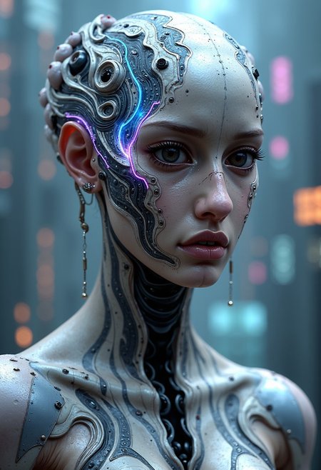 Hyper-realistic portrait of a biomechanical entity, blending organic and artificial elements. The face features smooth, iridescent skin with a pearlescent sheen, transitioning seamlessly into metallic components. Intricate, pulsating circuitry patterns in neon blue and violet weave across the scalp and cheekbones, suggesting advanced neural networks.
Large, multifaceted eyes resemble polished obsidian, reflecting a kaleidoscope of colors. No visible nose, but a series of small, symmetrical vents line the lower face. A barely discernible mouth hints at a modular design.
The entity wears a high-collared, liquid-metal suit that ripples with every subtle movement. The background depicts a futuristic cityscape shrouded in a holographic mist, with ghostly skyscrapers and floating vehicles barely visible.
Lighting alternates between cool bioluminescent glows and warm, golden highlights, creating a complex interplay of light and shadow across the entity's features. The overall color scheme blends cool silvers and blues with warm amber accents.
Captured with impossibly high resolution, every detail from microscopic skin textures to the finest circuitry is crisp and clear. The composition is slightly off-center, with the entity's gaze fixed just past the viewer, suggesting deep contemplation or connection to unseen data streams.
The mood evokes a sense of awe, uncertainty, and the uncanny valley, blurring the lines between humanity, technology, and alien intelligence.