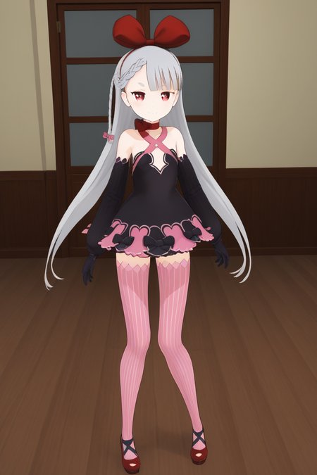 1girl, solo, axiasolidnnd, alternate_colors, grey hair, long hair, red eyes, symbol-shaped pupils, red bow, hair bow, hairband, red choker, black dress, criss-cross halter, detached sleeves, black gloves, pink thighhighs, vertical-striped thighhighs, red shoes, high heels, indoors, hands on hips, half-closed eyes, smile, smug, full body