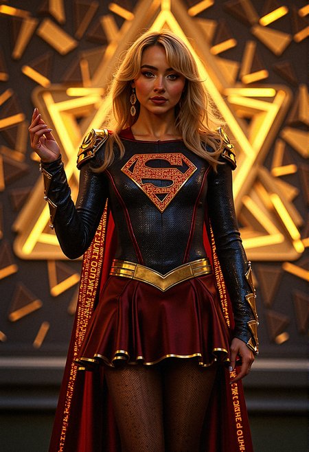 A photorealistic image of supergirl sabcarp based on fictional characters from DC Comics  enveloped in a digital nexus, her costume infused with binary code that flickers with energy the backdrop of intersecting geometric shapes that seem to pulse with a golden glow, representing her power over both the digital and physical realms.

geometric armor plating to her shoulders and chest, with sharp, angular designs that mirror the background aesthetics.Integrate glowing binary code patterns into Supergirl's suit, running along the seams and edges, highlighting her connection to the digital realm.

She stands with one hand raised, palm facing outwards as if signaling to calm down, her expression firm but gentle.
