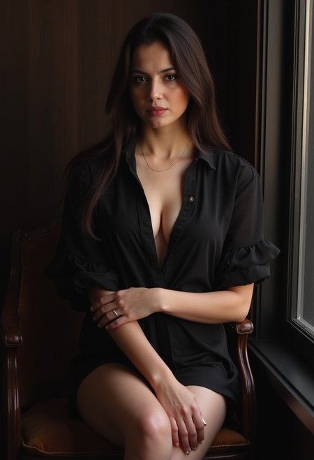 Soft Lighting Photography by Mimoza Veliu and Mario Giacomelli,  beautiful, 20 years old, black bold eyeliner, makeup,  loose blouse, cleavage, petite body, beautiful legs, realistic soft skin, analog photo, Cinematic,