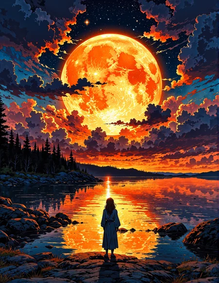 breathtaking, painterly fantasy landscape at night. A lone person, seen from the waist up, stands at the edge of a rocky shore, facing away from the viewer and towards a calm body of water. The person is wearing a light-colored robe or cloak.  Reflecting perfectly in the water is a gigantic, glowing orange full moon dominating the sky.  The sky is a dramatic canvas of swirling orange, red, and deep blue clouds, some outlined in dark shades, suggesting a stormy yet beautiful night sky. Above the moon, faint stars are visible in the dark blue parts of the sky.  The shoreline is made of dark, jagged rocks and some trees silhouetted against the fiery sky. In the distance, across the water, a dark treeline suggests distant land. The overall lighting is dramatic and warm, emanating from the moon and reflecting in the water, casting long shadows.  The artistic style should be a vibrant digital painting with rich textures and brushstrokes, reminiscent of fantasy anime landscapes, emphasizing the dramatic scale of the moon and the serene yet powerful atmosphere, <lora:Cozy_Paradise:0.8>, <lora:fluxenhancer:0.4>, <lora:Vibrantly_sharp_style_v.2:0.8>, <lora:RetroAnimeFluxV1:0.5>