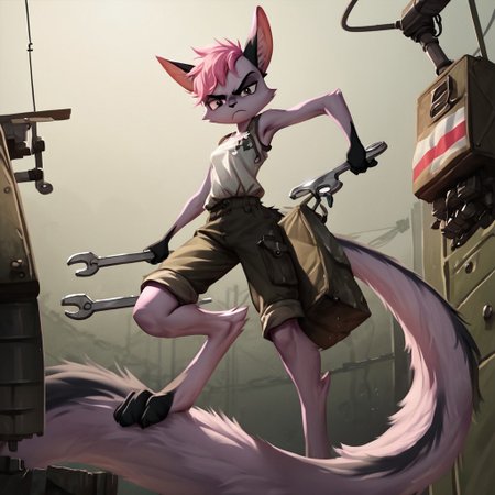 score_9, score_8_up, score_7_up, score_6_up, score_5_up, score_4_up, source_anime, BREAK 
 <lora:ViriathusPony:0.8>,viriathusvayu, solo,  furry, tail, pink hair, animal ears,one leg is  dark fur color, realistic illustration, dramatic angle, repair service, wrench in hand, repairing, mechanic clothes, covered in machine oil, annoyed, fixing motorbike, ukrainian flag