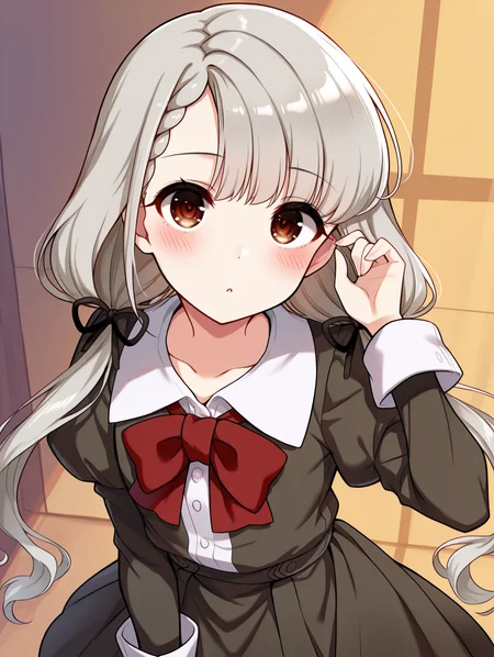 masterpiece,best quality,very aesthetic,absurdres,highres,newest,
hskwng school,hisakawa nagi,
asymmetrical bangs,bow,bowtie,braid,braided bangs,grey hair,hair ribbon,
juliet sleeves,long hair,long sleeves,puffy sleeves,red bow,red bowtie,
twintails,black ribbon,blush,brown eyes,collared shirt,
dress shirt,low twintails,shirt,skirt,white shirt,
black jacket,black skirt,black dress,
dress,
eyebrows visible through hair,
eye_focus,<lora:eye_focus:1>,
<lora:idolmaster_hisakawa_nagi_school_ill_v1.0:1>,
