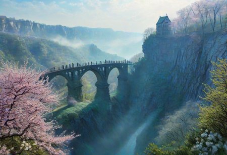 towers ringed in mist, sunrays, mixed media, surrealism, fantasy, great lighting, A surreal landscape highly detailed, extremely high-resolution details, appears trapped in an optical illusion of reflections and refractions, colorful, Spring, cherry blossoms in the wind, spring blooms, (Zhangjiajie mountains:1.2),  (Vienna in contemporary Austria, baroque architecture, European architecture:1.15), (stone arch bridges:1.05), winding rivers extending to the horizon, professional photography, natural lighting, volumetric lighting maximalist. vivid, vibrant colors, intricately detailed, (psychedelic colors, psychedelic colors:1.15), complex, elegant, expansive, fantastical, film photography style, medium grain, cmnt
 (8k uhd:1,4)
 <lora:add-detail-xl:1>
 <lora:Dynamic Poses:1>