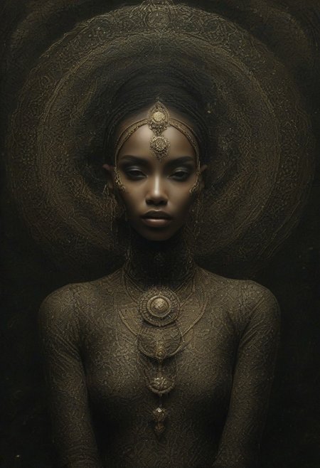 surrealist art cinematic photo breathtaking helios-alpaga, 1girl, jewelry, solo, earrings, dark skin, dark-skinned female, necklace, closed eyes, black hair, bracelet, breasts, armlet <lora:helios-alpaga:1> . award-winning, professional, highly detailed . 35mm photograph, film, bokeh, professional, 4k, highly detailed . dreamlike, mysterious, provocative, symbolic, intricate, detailed