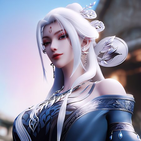 <lora:ponyxiaobai2v:1>,xiaobai,score_9,score_8_up,score_7_up,a highly detailed cgi rendering of a female character with a fantasy aesthetic,she has a pale complexion and long,flowing white hair adorned with intricate,leaf-like designs,her eyes are large and expressive,with a serene,almost contemplative expression,she wears a form-fitting,off-the-shoulder dress in a deep blue color with gold accents,the dress features intricate,floral patterns and a high neckline,accentuating her slender physique,around her neck,she accessorizes with a delicate,silver necklace and matching earrings,her attire is reminiscent of a medieval or fantasy-inspired outfit,with the dress having a high slit that reveals her midriff,the background is a dimly lit,blue-tinted stone surface,suggesting an outdoor setting,possibly a stone archway or a cave,the lighting is soft and diffused,casting gentle shadows that enhance the texture of the stone and the character's attire,the overall mood is one of serenity and otherworldly beauty,