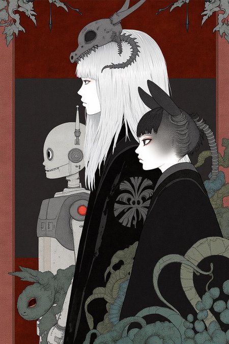 kchiba1 illustration. 
A woman, shown in side profile, with long, straight silver hair. She is wearing a headpiece adorned with a skeletal dragon. There is a robot on her left and a creature with a cat's head on her right.
 <lora:kchiba1_cap_d6a3:1.0><lora:837662512997476627:0>