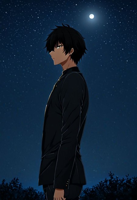high resolution, solo, best quality, 1Boy, Seiya Kanie, black hair, short hair, thin, open space, night sky, moon, OverallDetail