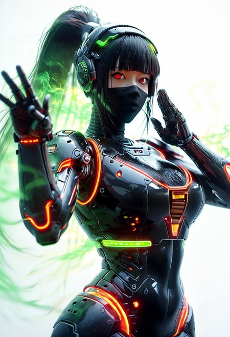 score_9, score_8_up, white background, looking at viewer,
1girl, robot girl, mechanical girl, translucent skin, black body, beautiful smooth skin, chromic light, black hair, long hair, android girl, human looking android, head mounted display, head visor, transparent visor, 
large breasts, curvy, cowboy shot, beautiful eyes, black headband, green head accessories,  random pose, blunt bangs, hime-cut, black carbon fiber, korean facial features, neon lights, ponytail, red eyes, ninja mask, sidelocks, face mask, female robot ninja,
auralora, green aura, colorful, glowing, IrradiateMorph