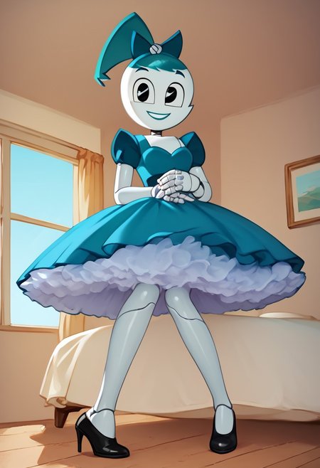 (Masterpiece, best quality:1.2), score_9, score_8_up, flat color, flat shading, soft shading, lighting, Jenny Wakeman as an adult, in a 1950's full length formal blue skirt, a white belt, button down v-neck formal black top, a fluffy frilly ruffled full white petticoat, and black high heels, dress, layered petticoat, frilly petticoat, fluffy petticoat, full petticoat, detailed petticoat ((wide skirt, detailed outfit, flowing skirt, long skirt, solid blue colored skirt, black high heels)), blue hair, series accurate, cute, best high quality, high res, robot, humanoid robot, medium breasts, whole body shot, 1girl, ((solo, inside, in a romantic bedroom, sitting on the bed, sitting, bent knees, looking at you, low angle)), cute, seductive, seductive smile, half lidded eyes, low angle shot, cartoon, cartoon style, vector, solo, circle dress, 1950s, whisperfoot_style, dance dress jenny, jenny wakeman, 1girl, solo, robot joints, black eyes, white skin, ponytail, hair bow, blue rose chest corsage, poofy dress, blue hair, flat lighting