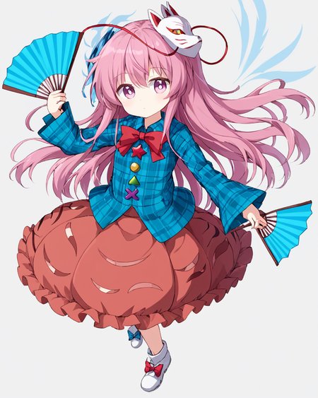 hata no kokoro,1girl, solo, bubble_skirt, long_sleeves, plaid_shirt, looking_at_viewer, expressionless, folding_fan, blue_shirt, full_body, white_footwear, pink_bowtie, footwear_bow, white_background, red_bow, holding_fan, closed_mouth, fox_mask, mask_on_head, dual_wielding
<lora:hata_no_kokoro_image5070_2023-12-20:1>,star-shaped_pupils,symbol-shaped_pupils,. gorgeous,key visual, vibrant, studio anime,award-winning, professional, highly detailed,high budget, cinemascope
