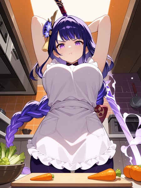 raiden shogun,pout,tears,tearing up,musou isshin \(genshin impact\),holding weapon,orange,kitchen,cutting board,facing viewer,arms up,lighting effect,purple lighting,cowboy shot,apron,purple pants,open eyes,arm behind head,clenched hand,colored smoke,vegetable, from below, 
,masterpiece,best quality,amazing quality,