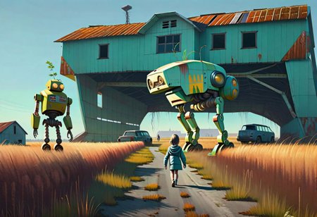 (((ultra high quality photo:1.8))) "vast overgrown field, extremely huge decrepit android, , aged and neglected appearance, advanced technology remnants, natural overgrowth, contrast between nature and forgotten futuristic elements"  a rusted car next to the robot, barn in the distance,  (((new robot)) walking with a child (holding hands) Simon Stlenhag Style, photo in phst artstyle, film photography style, light grain,