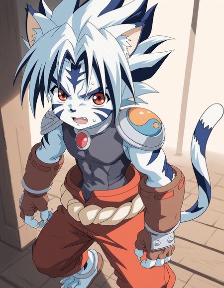 score_9, score_8_up, score_7_up,  source_furry,
BREAK
young,kogenta \(onmyou taisenki\), 1boy, animal ears,  cat ears, tail,  furry male, red eyes, white hair, facial mark, spiked hair, colored skin, fang,multicolored hair, white_skin,
claws, fingerless gloves, armor, tail ornament, shoulder armor, pants, rope, jewelry,anklet,
crossed arms,
BREAK
<lora:kogenta_pony_v3:1>