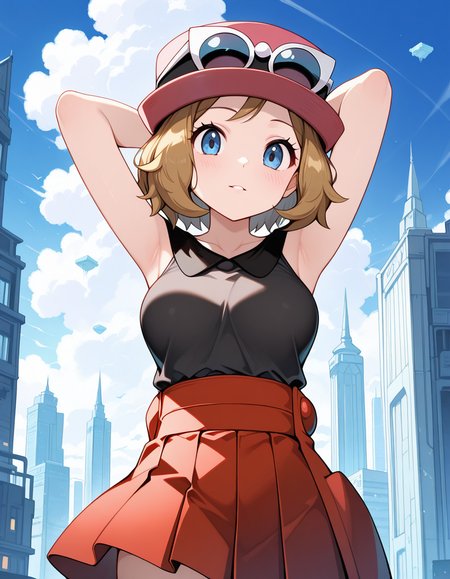 masterpiece, best quality, amazing quality,, <lora:pokemon-serena-illustriousxl-lora-nochekaiser:1>, serena, serena (pokemon), short hair, blue eyes, brown hair, mature female, medium breasts,, eyewear on head, hat, skirt, sunglasses, shirt, black shirt, sleeveless, red skirt, pink hat,, hands behind head,, floating city, sky, futuristic, architecture, clouds, cowboy shot, solo, looking at viewer,