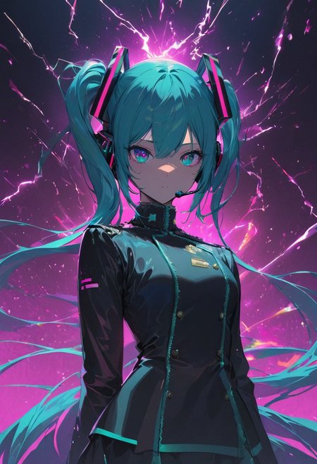 Movie Poster page, (promotional poster), Hatsune Miku, 1female, solo, humanoid android, teal hair, teal eyes, singer's uniform, headset, WeirdOutfit style, concert, Nippon Budokan, glowneon, glowing, sparks, lightning, shadow minimalism, (best quality), (masterpiece), detailed, beautiful detailed eyes, perfect anatomy, perfect body, perfect face, perfect hair, perfect legs, perfect hands, perfect arms, perfect fingers, detailed hair, detailed face, detailed eyes, detailed clothes, detailed skin, ultra-detailed, (full body), (upper body), (top quality), pop art, extremely detailed, extremely detailed CG, (high resolution), highly detailed, (high quality), (perfect quality), (glitchcore colors)