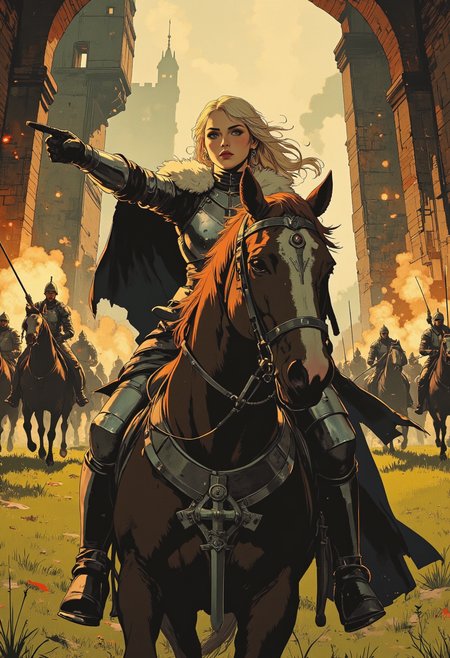 Image is an over the shoulder, close up shot featuring a female knight characters leading her troops into battle. She's clad in heavy fantasy 
 corset armor with a fur cloak and matching long gloves and thigh high boots. She's riding on horseback pointing a sword forward, ordering her men to charge. Her expression is confident and adventurous. The background is of the inside of a fantasy castle, trebuchets firing rocks, grassy plain, army of knights on horseback charging,